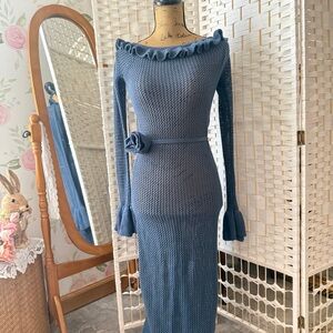 Dusty Blue Crochet Knit Maxi Long Sleeve Dress